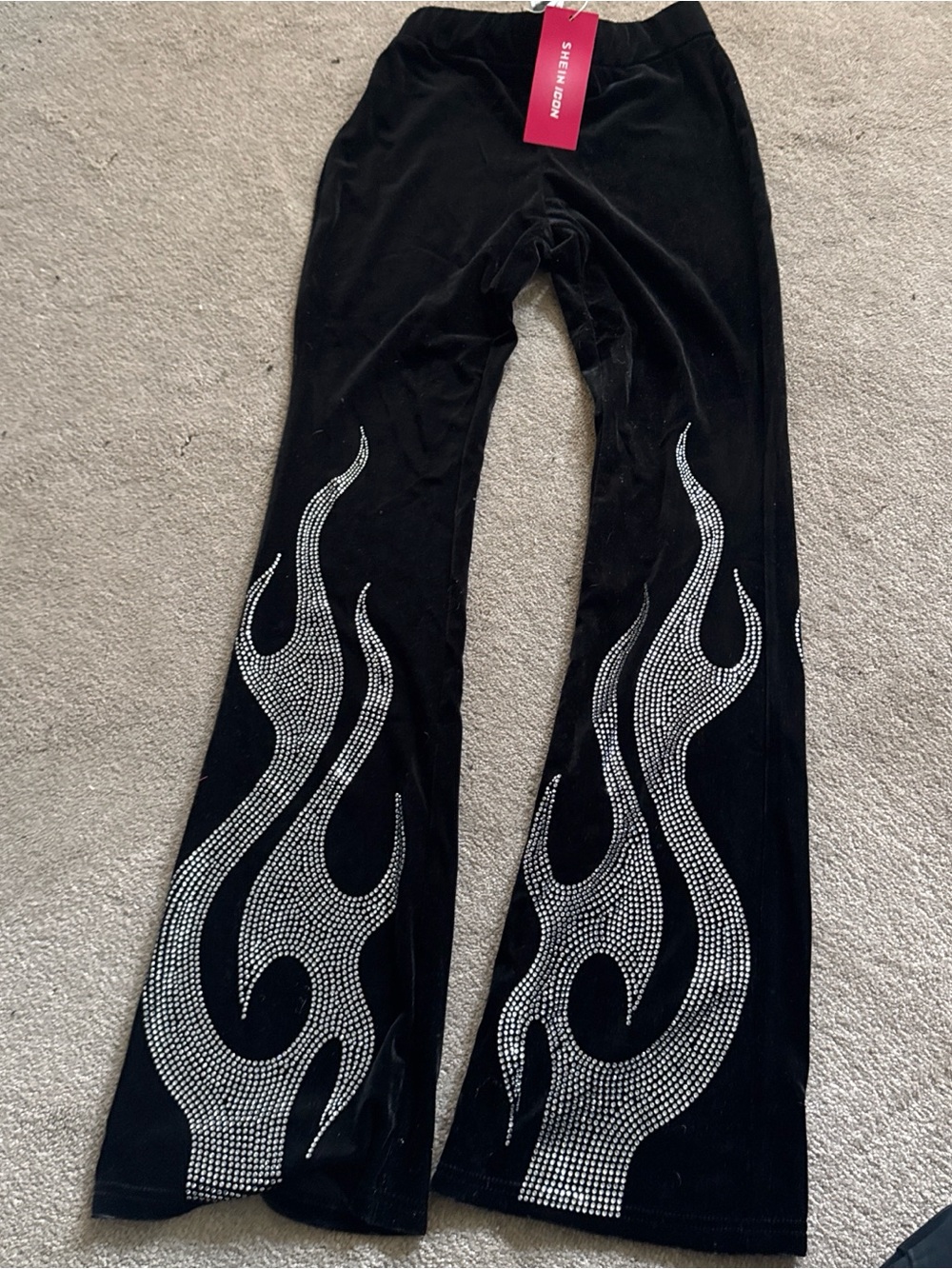 SHEIN Black Velvet Flared Pants with Rhinestone Flame Design